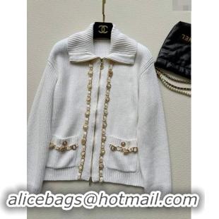 Well Crafted Chanel Zipped Wool Cardigan with Chain CH101204 White 2024