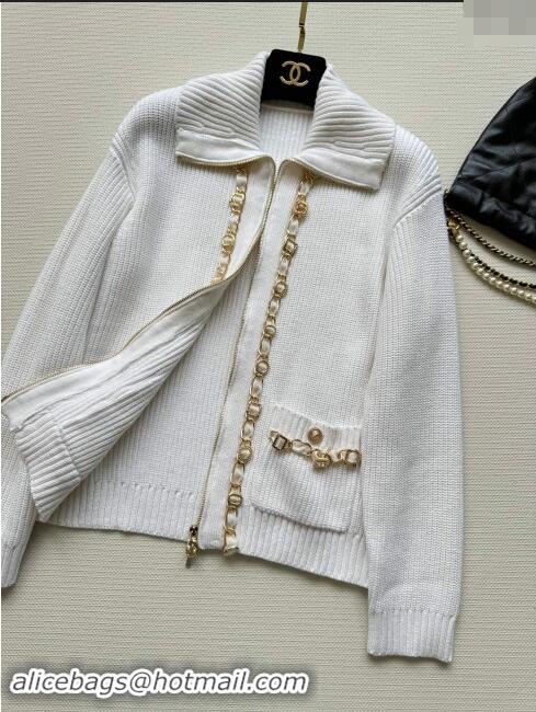 Well Crafted Chanel Zipped Wool Cardigan with Chain CH101204 White 2024