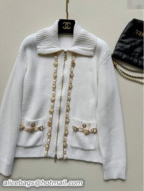 Well Crafted Chanel Zipped Wool Cardigan with Chain CH101204 White 2024