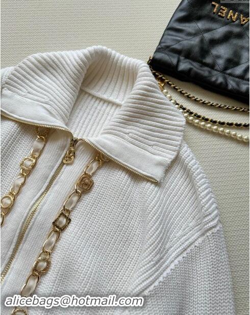 Well Crafted Chanel Zipped Wool Cardigan with Chain CH101204 White 2024