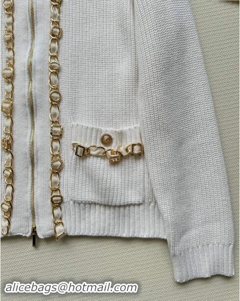 Well Crafted Chanel Zipped Wool Cardigan with Chain CH101204 White 2024