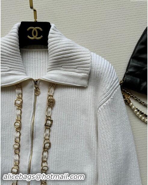 Well Crafted Chanel Zipped Wool Cardigan with Chain CH101204 White 2024