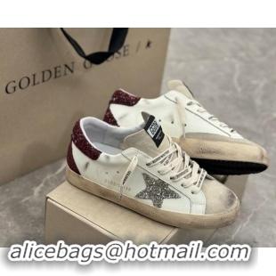 Luxury Cheap Golden Goose Super-Star Sneakers in white leather with silver glitter star and burgundy heel 009057