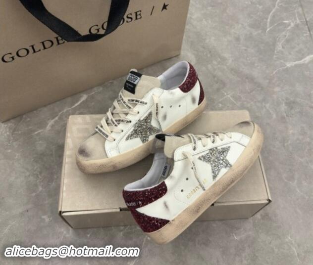 Luxury Cheap Golden Goose Super-Star Sneakers in white leather with silver glitter star and burgundy heel 009057