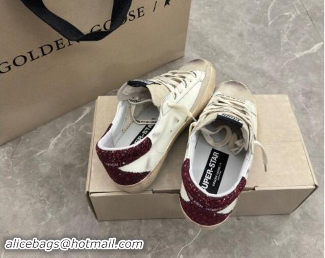 Luxury Cheap Golden Goose Super-Star Sneakers in white leather with silver glitter star and burgundy heel 009057