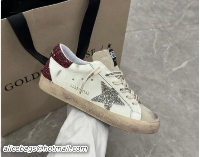 Luxury Cheap Golden Goose Super-Star Sneakers in white leather with silver glitter star and burgundy heel 009057