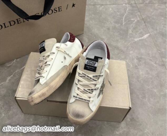 Luxury Cheap Golden Goose Super-Star Sneakers in white leather with silver glitter star and burgundy heel 009057