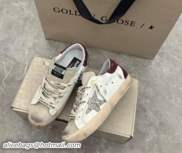 Luxury Cheap Golden Goose Super-Star Sneakers in white leather with silver glitter star and burgundy heel 009057