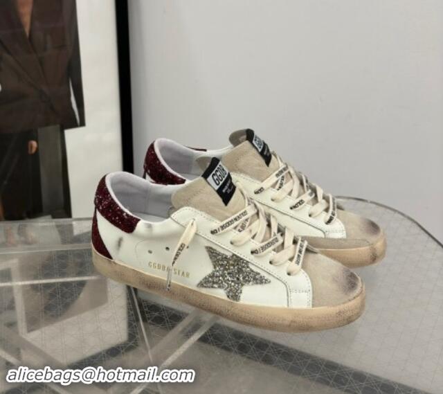 Luxury Cheap Golden Goose Super-Star Sneakers in white leather with silver glitter star and burgundy heel 009057