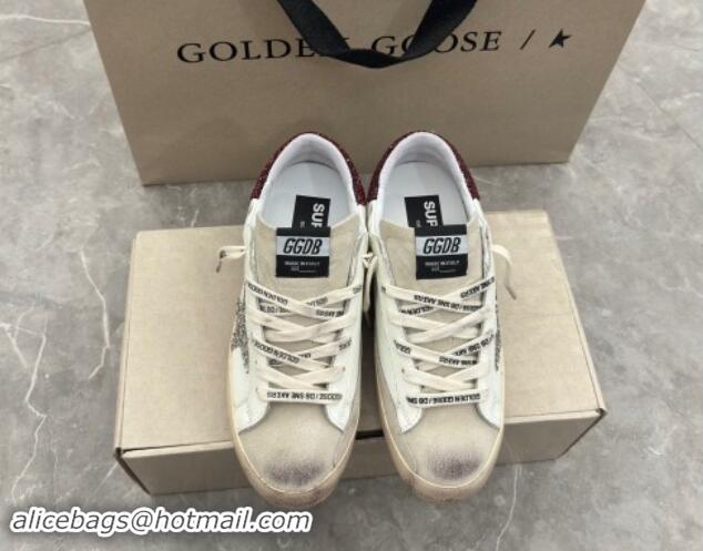 Luxury Cheap Golden Goose Super-Star Sneakers in white leather with silver glitter star and burgundy heel 009057