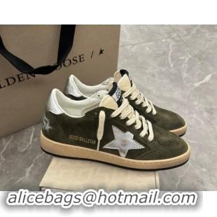 Buy Luxury Golden Goose Ball Star Sneakers in khaki green suede with silver star and leather heel tab 009059