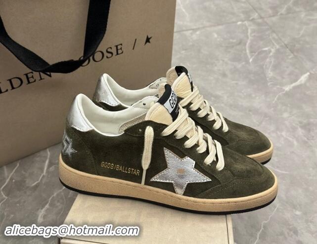 Buy Luxury Golden Goose Ball Star Sneakers in khaki green suede with silver star and leather heel tab 009059