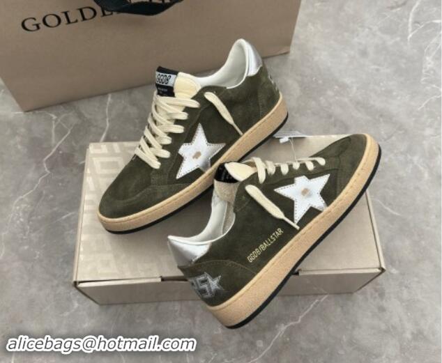 Buy Luxury Golden Goose Ball Star Sneakers in khaki green suede with silver star and leather heel tab 009059