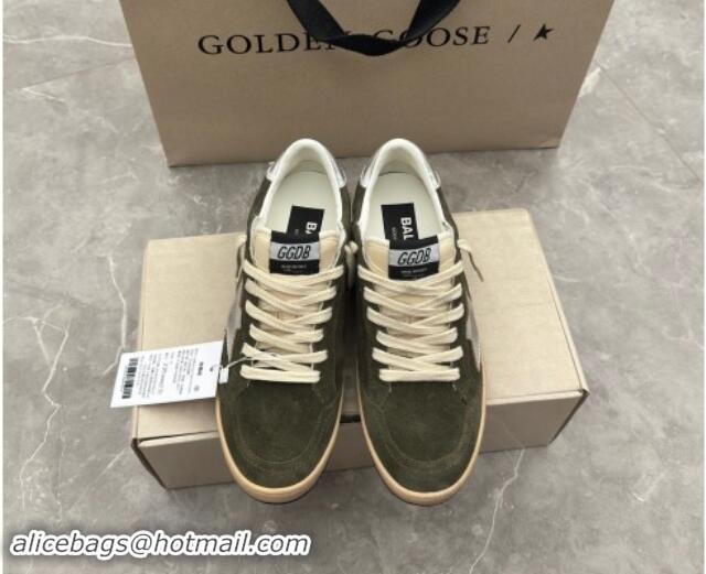 Buy Luxury Golden Goose Ball Star Sneakers in khaki green suede with silver star and leather heel tab 009059