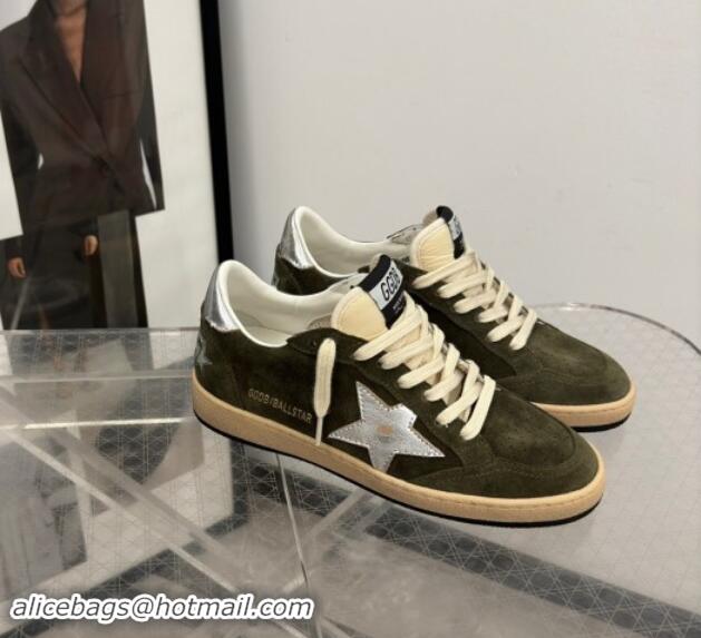 Buy Luxury Golden Goose Ball Star Sneakers in khaki green suede with silver star and leather heel tab 009059