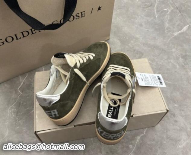 Buy Luxury Golden Goose Ball Star Sneakers in khaki green suede with silver star and leather heel tab 009059