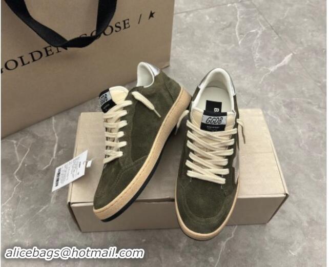 Buy Luxury Golden Goose Ball Star Sneakers in khaki green suede with silver star and leather heel tab 009059