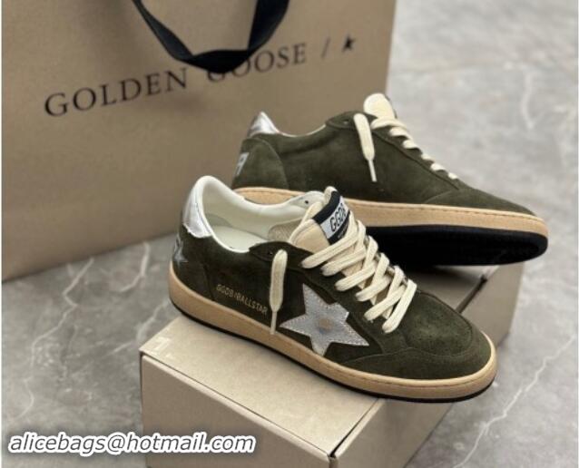 Buy Luxury Golden Goose Ball Star Sneakers in khaki green suede with silver star and leather heel tab 009059