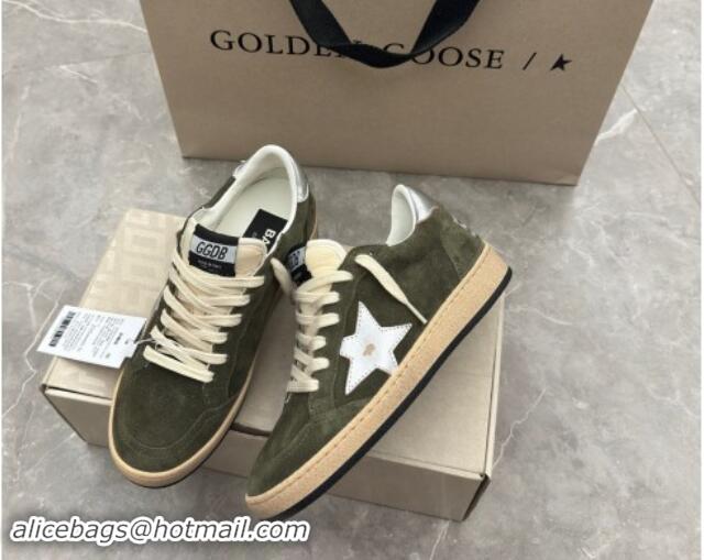 Buy Luxury Golden Goose Ball Star Sneakers in khaki green suede with silver star and leather heel tab 009059