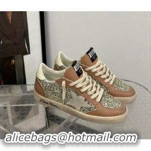 Stylish Golden Goose Ball Star Sneakers in glitter and apricot leather with white heel 009060