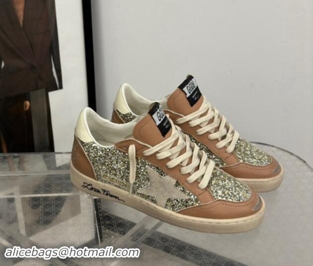 Stylish Golden Goose Ball Star Sneakers in glitter and apricot leather with white heel 009060