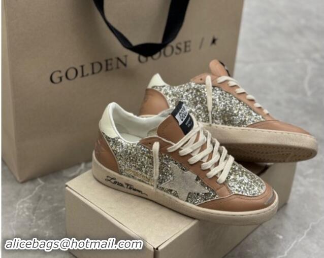 Stylish Golden Goose Ball Star Sneakers in glitter and apricot leather with white heel 009060