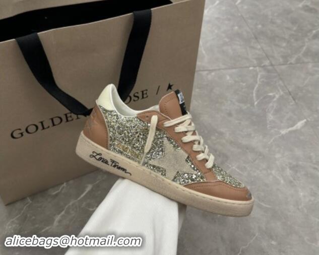 Stylish Golden Goose Ball Star Sneakers in glitter and apricot leather with white heel 009060