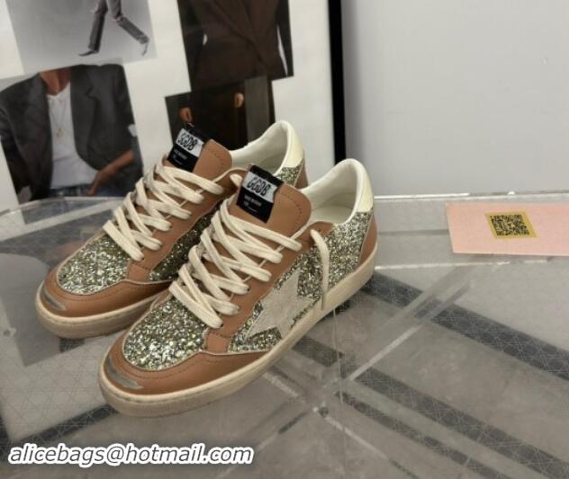 Stylish Golden Goose Ball Star Sneakers in glitter and apricot leather with white heel 009060