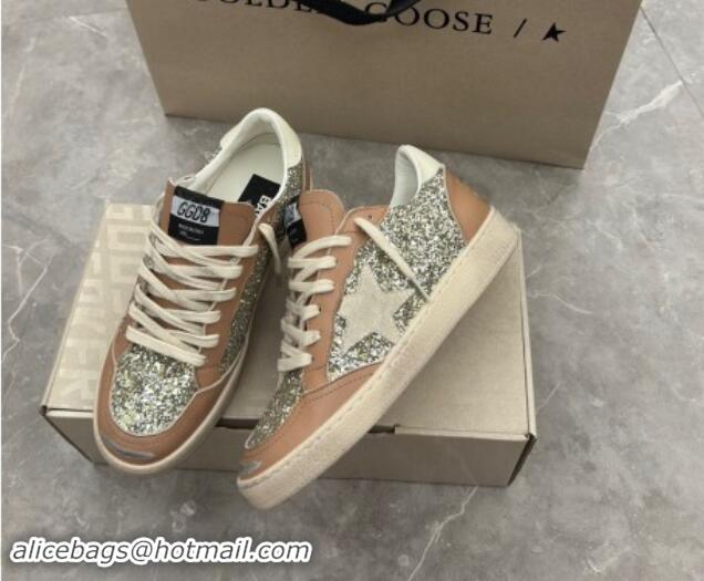 Stylish Golden Goose Ball Star Sneakers in glitter and apricot leather with white heel 009060