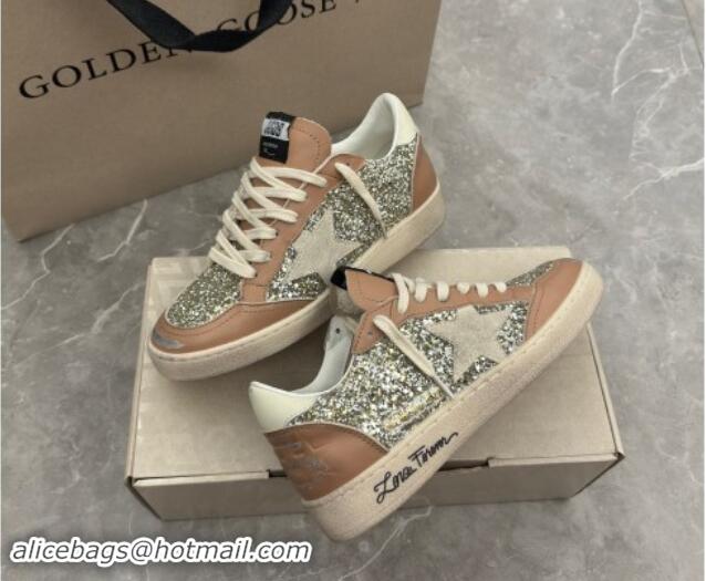 Stylish Golden Goose Ball Star Sneakers in glitter and apricot leather with white heel 009060