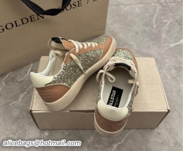 Stylish Golden Goose Ball Star Sneakers in glitter and apricot leather with white heel 009060