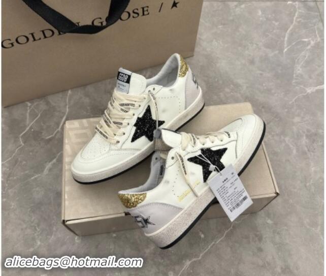 Lower Price Golden Goose Ball Star Sneakers in white leather with glitter black star and gold heel 009061