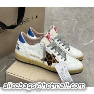 Perfect Golden Goose Ball Star Sneakers in white leather with leopard-print star and blue heel 009062