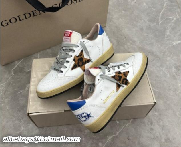 Perfect Golden Goose Ball Star Sneakers in white leather with leopard-print star and blue heel 009062