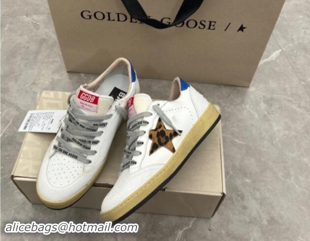 Perfect Golden Goose Ball Star Sneakers in white leather with leopard-print star and blue heel 009062