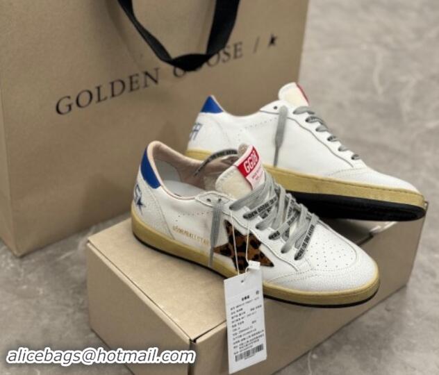 Perfect Golden Goose Ball Star Sneakers in white leather with leopard-print star and blue heel 009062