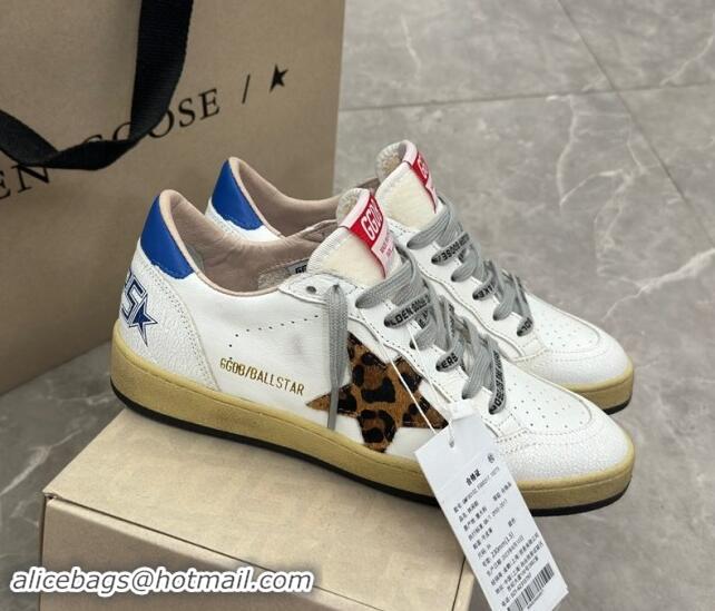 Perfect Golden Goose Ball Star Sneakers in white leather with leopard-print star and blue heel 009062