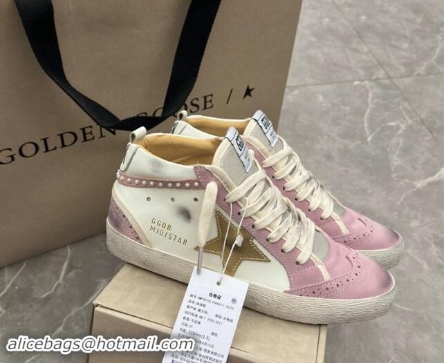 Crafted Golden Goose Mid Star Sneakers in white leather and pink suede with pearls 009066