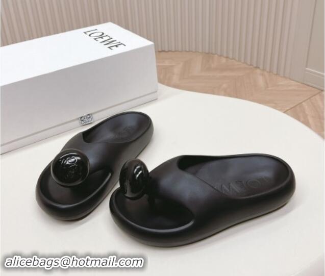 Perfect Loewe Foam Pebble Thong Slide Sandals in Glossy Rubber Black 506098