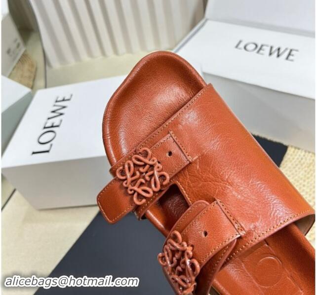 Luxurious Loewe Ease Slide Sandals in Lambskin Tan Brown 506106