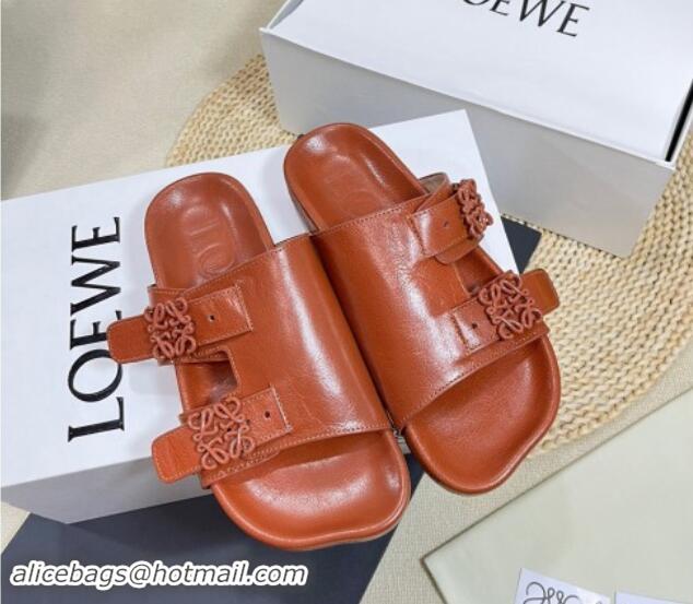 Luxurious Loewe Ease Slide Sandals in Lambskin Tan Brown 506106