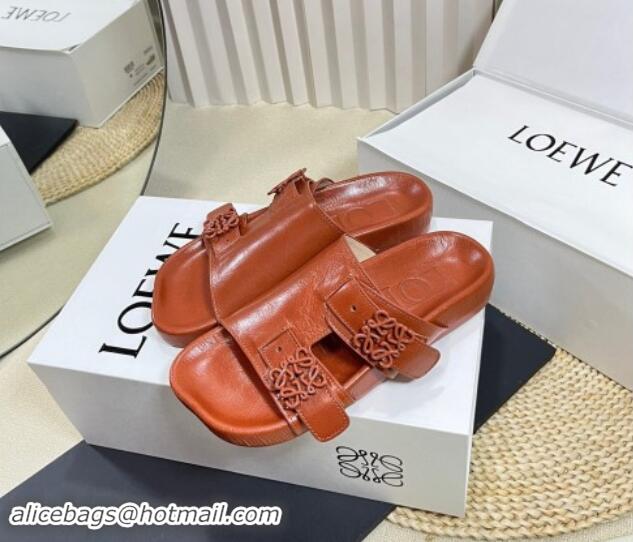 Luxurious Loewe Ease Slide Sandals in Lambskin Tan Brown 506106