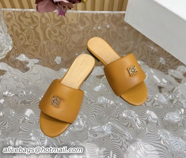 Top Design Loewe Nappa Leather Flat Slides Sandal Apricot 703065