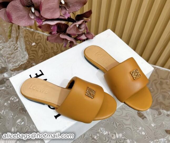 Top Design Loewe Nappa Leather Flat Slides Sandal Apricot 703065