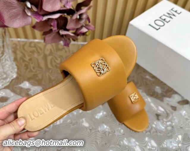 Top Design Loewe Nappa Leather Flat Slides Sandal Apricot 703065