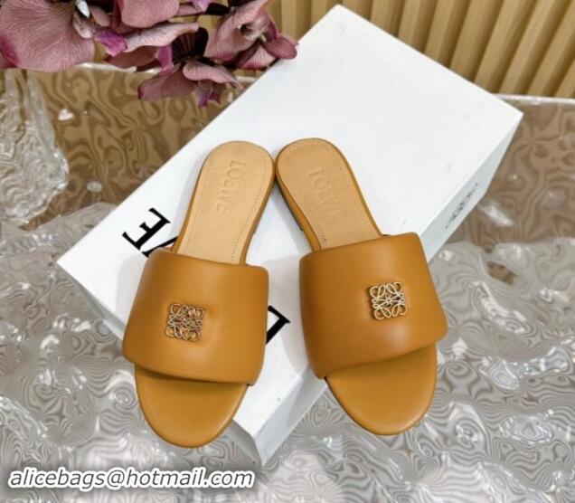 Top Design Loewe Nappa Leather Flat Slides Sandal Apricot 703065