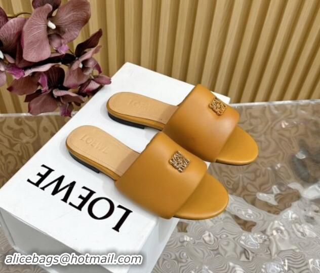 Top Design Loewe Nappa Leather Flat Slides Sandal Apricot 703065