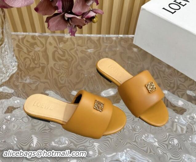 Top Design Loewe Nappa Leather Flat Slides Sandal Apricot 703065