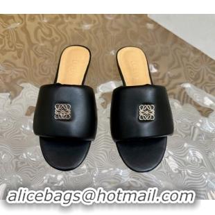 Durable Loewe Nappa Leather Flat Slides Sandal Black 703066