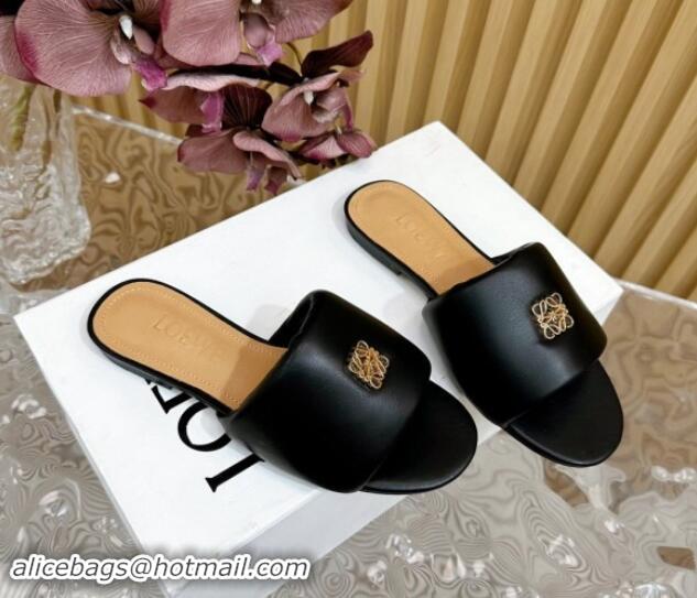 Durable Loewe Nappa Leather Flat Slides Sandal Black 703066